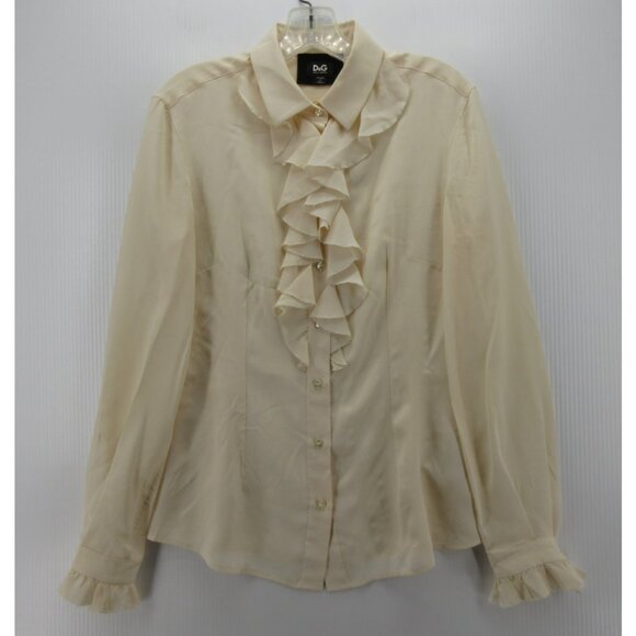 Dolce & Gabbana Top 8 Cream D&G Silk Blouse Ruffle Button Down 44 * - Picture 1 of 13